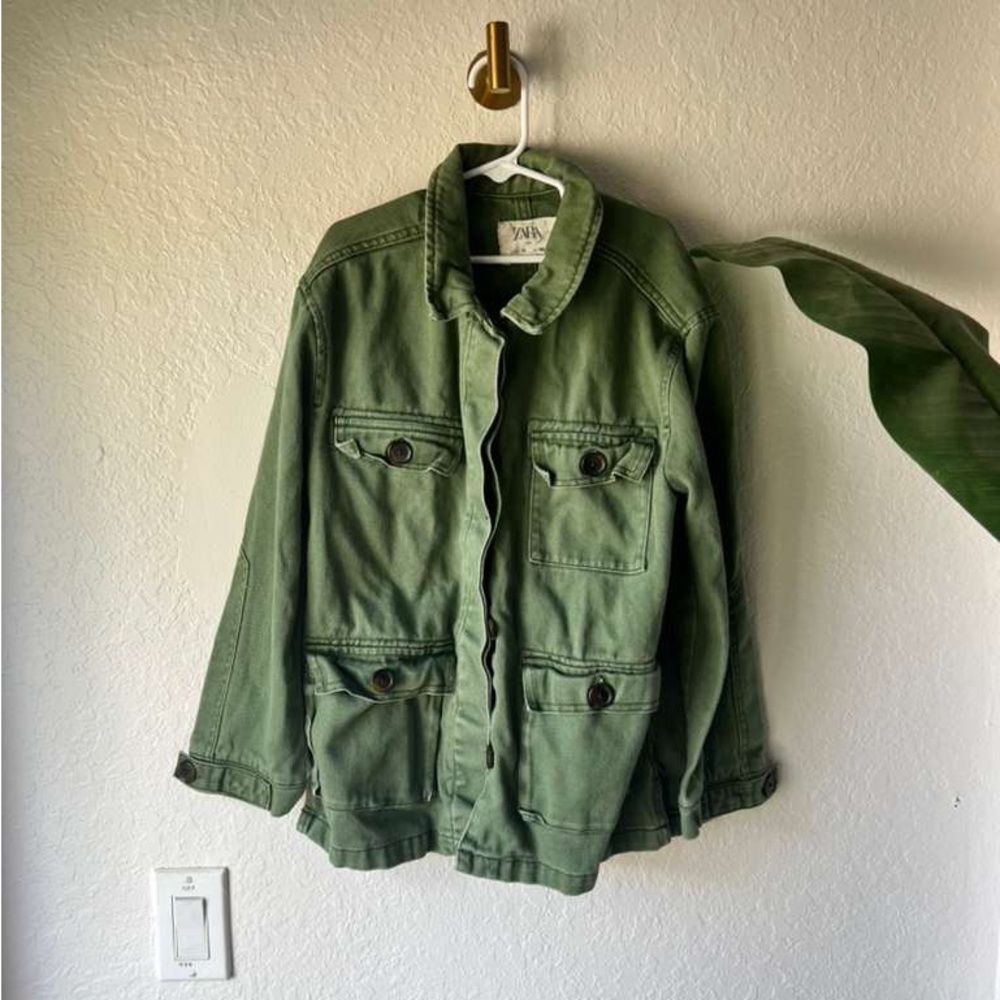 Zara Boys or Girls Green Button Front Long Sleeve Utility Chore Jacket Size 10